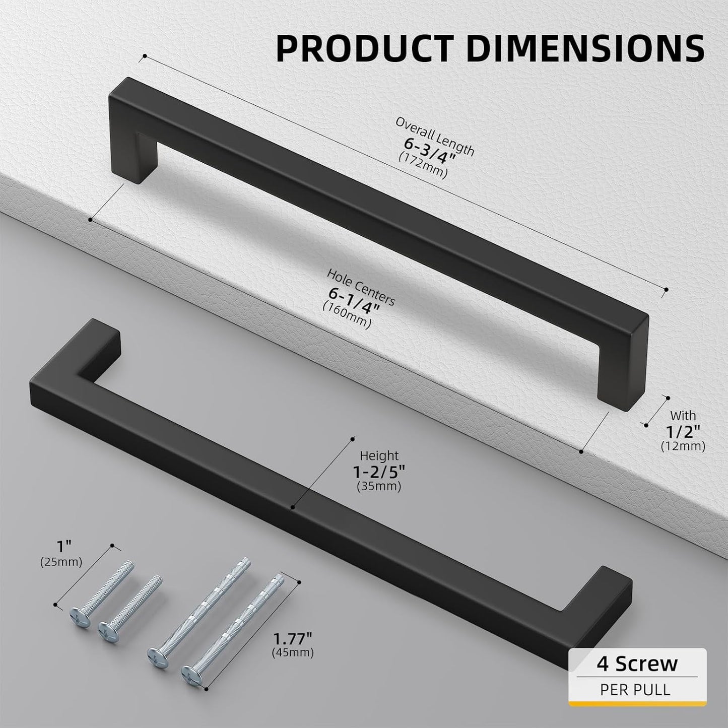 Goldenwarm 2 Pack Black Square Bar Cabinet Pull Drawer Handle Stainless Steel Modern Hardware for Kitchen and Bathroom Cabinets Cupboard,Center to Center 6-1/4in(160mm) Kitchen Cupboard Handles