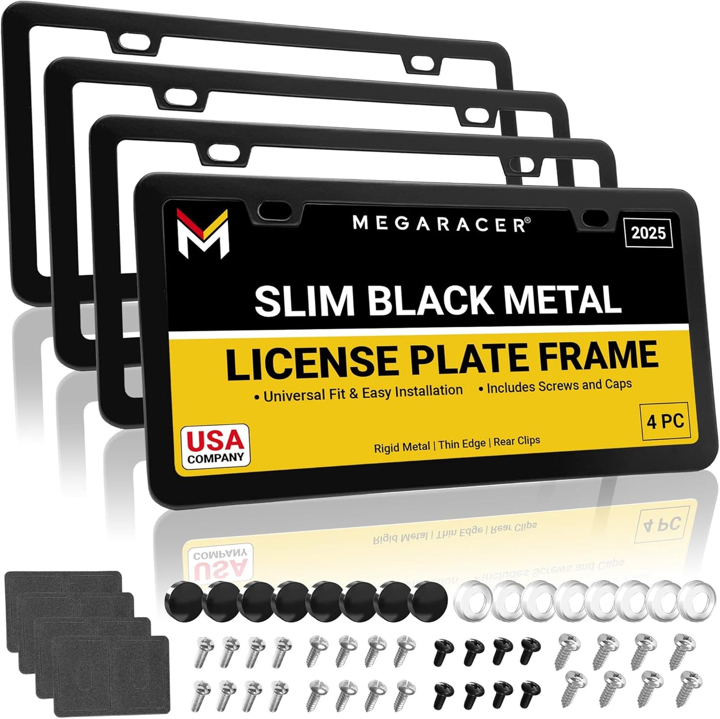 Premium Slim Matte Black License Plate Frames – Best Value 4 Pack, Rust-Free Stainless Steel & Rattle-Free, Street Legal, Universal with Screw Cover, Thin Edged Metal Front & Rear Car Tag Holders