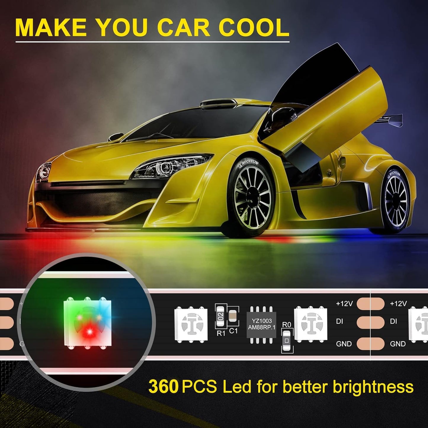 OPP ULITE Car Underglow Light Strip Dream Chasing Color, Upgraded Silicone Material, 212 Modes, 360pcs Led, APP Control Underbody Lights, 90x120x90, 6PC Pack