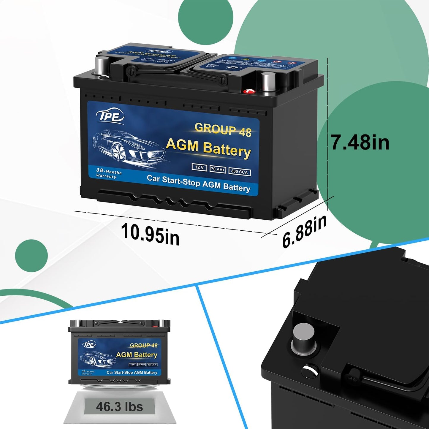 TPE AGM Battery BCI Group 48, Maintenance Free 12V 70Ah, H6 Size, 120RC, 800CCA, Automotive Battery, Reliable Performance for Cars Lead-Acid