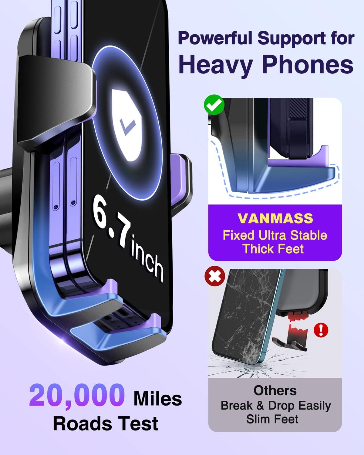 VANMASS 2025【Strongest & Military-Grade】Car Phone Mount【Patent & Safety Certs】Ultimate Cell Phone Holder Handsfree Stand for Dashboard Window Vent for iPhone 16 Pro Max 15 14 13 Samsung Android Truck