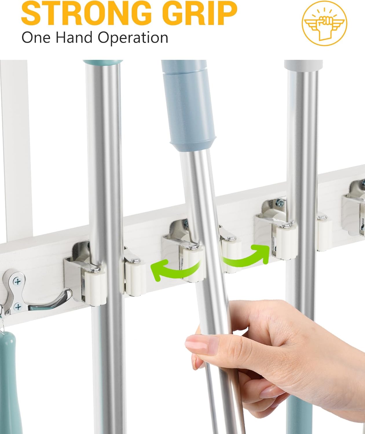 Lorbro Broom Holder Door Mount, Over the Door Broom and Mop Holder with 2 Over Door Hooks, Wood Broom Hanger, Tool Rack Organizer for Laundry, Garage, Closet, Kitchen Decor, 4 Slots & 4 Hooks Rustic