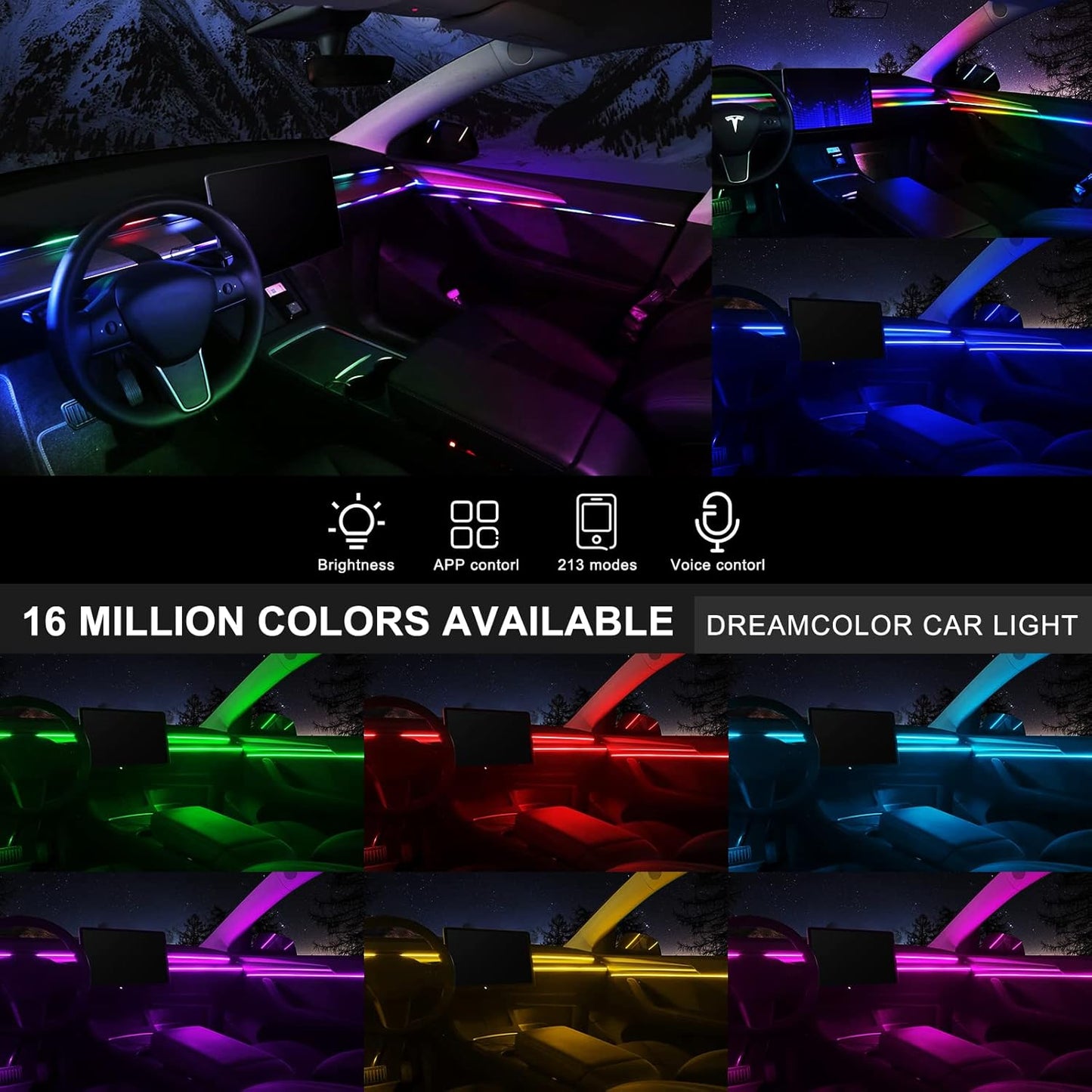 Dreamcolor Acrylic Interior Car LED Strip Light with Wireless APP, RGB 14 in 1 with 175 inches 593 LEDs Fiber Optic Ambient Lighting Kits, 16 Million Colors Sound Active Function Car Neon Lights