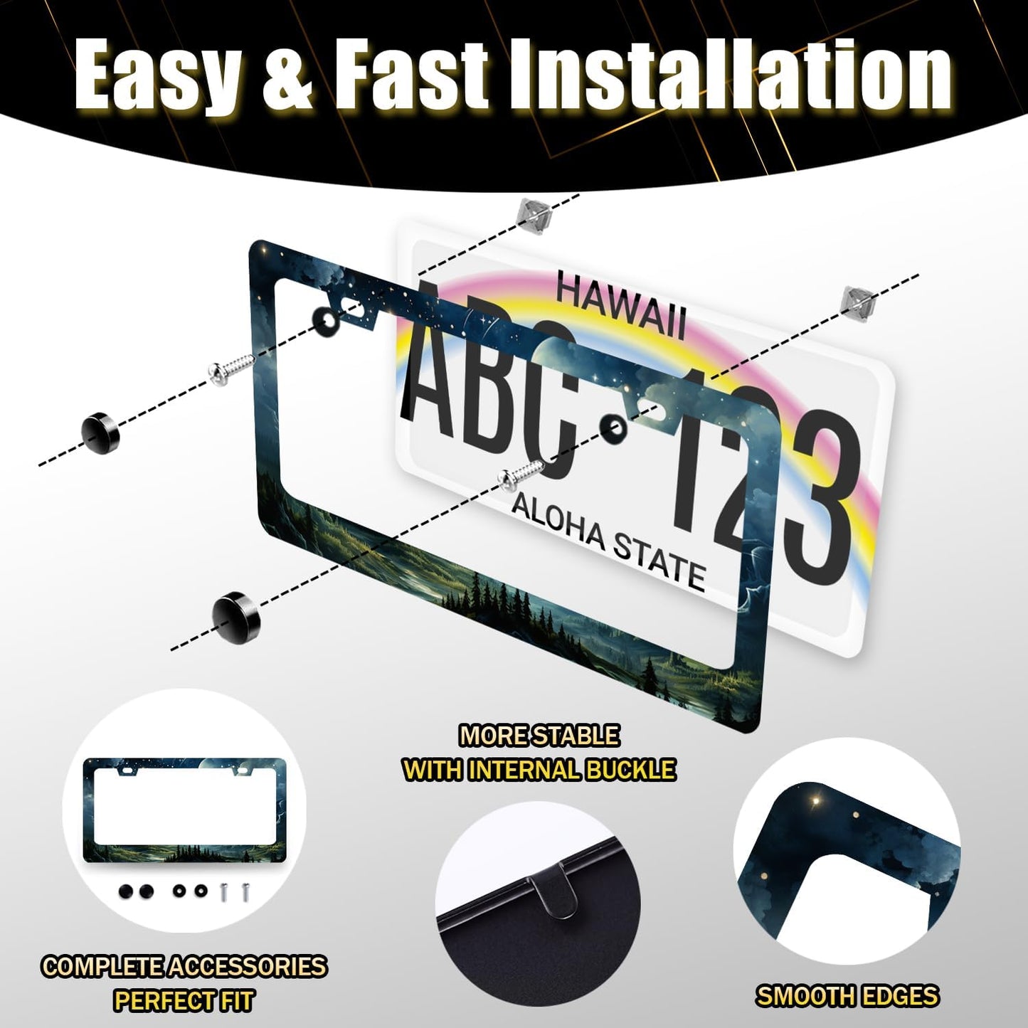 Watercolor Sky Clouds License Plate Frame Beautiful Stars Forest License Plate Holder Stainless Steel Colorful Car Accessory Funny License Plate Decoration Size 12.2"x6.2" with Screws