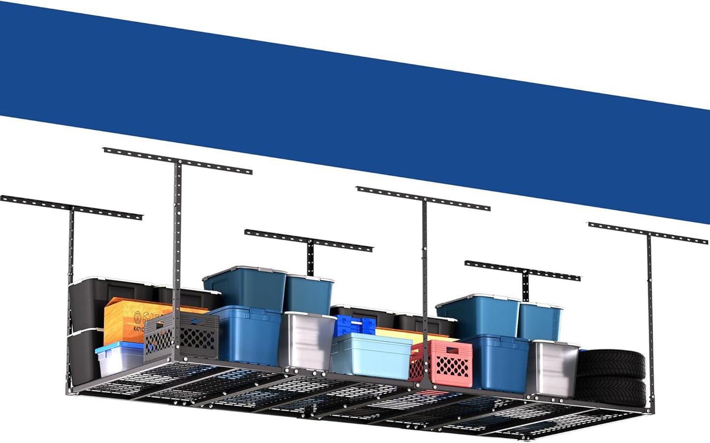 GIOTORENT 3x8FT Heavy Duty Overhead Garage Storage Rack - Adjustable Ceiling Shelving with 600lbs Weight Capacity, Metal Garage Organization System, Black