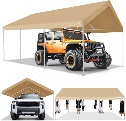 COBIZI Carport 12x20ft Heavy Duty Portable Garage, 2.0 Powder Coated Frame(Better Than Galvanized), Waterproof Shelter with Built-in Sandbags, for Car/Boat/SUV, Khaki