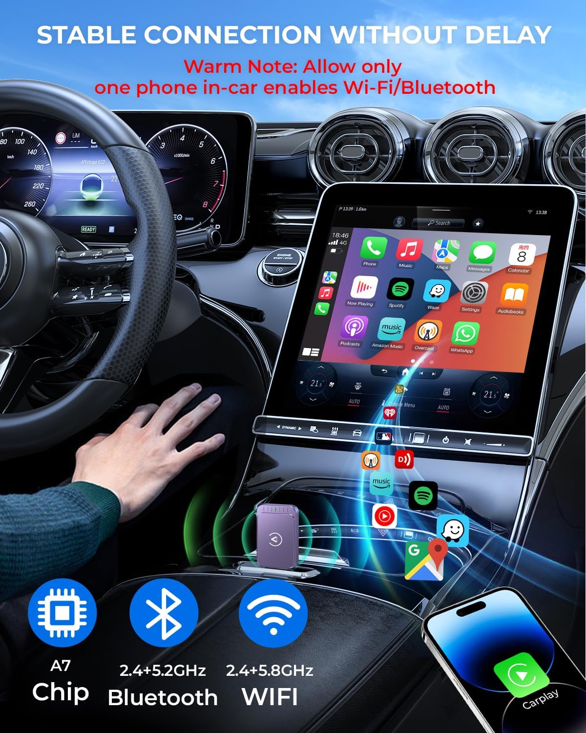 AuroraLink Wireless Carplay & Android Auto Wireless Adapter 2-in-1 Fast & Stable Carplay Wireless Adapter Convert Wired to Wireless Car Play Dongle for iOS 10+/Android 11+ (Purple)