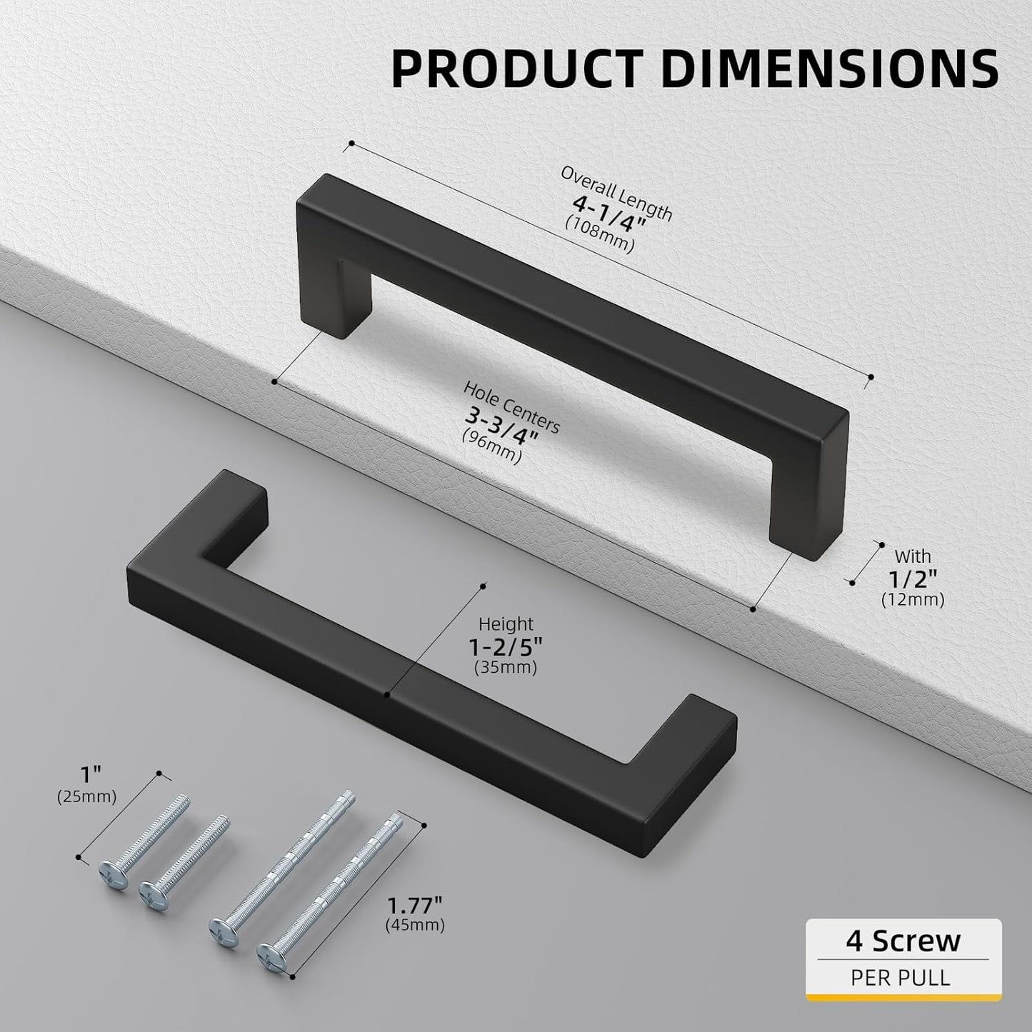 goldenwarm 200 Pack 3 3/4 Inch Black Cabinet Handles Matte Black Drawer Pulls Stainless Steel Cabinet Hardware Square Bar Modern Cabinet Handle for Kitchen Bathroom Cupboard