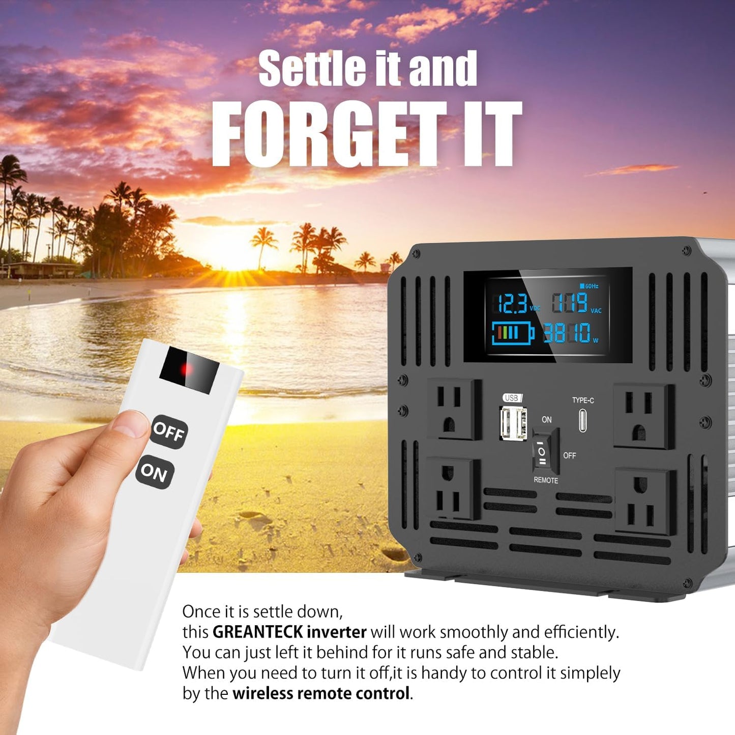 4000 Watt Modified Sine Wave Inverter, 12V Power Inverter, Four 110 / 120V DC to AC Outlets,Type-C Port,Dual Fast Charge USB Ports, LCD Display, Remote Control for Home RV Solar Car Emergency Off Grid