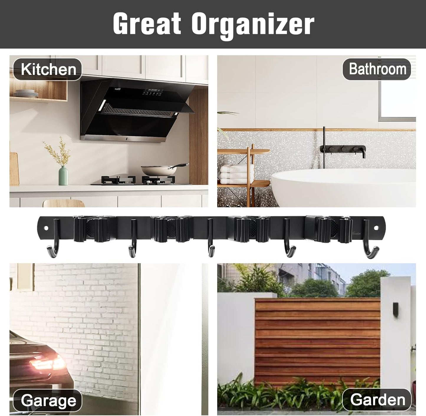 2 Pack Mop and Broom Holder Wall Mount 4 Racks and 5 Hooks Broom Organizer Storage Tool Racks Stainless Steel Heavy Duty Hooks for Home Kitchen Garden Laundry Garage