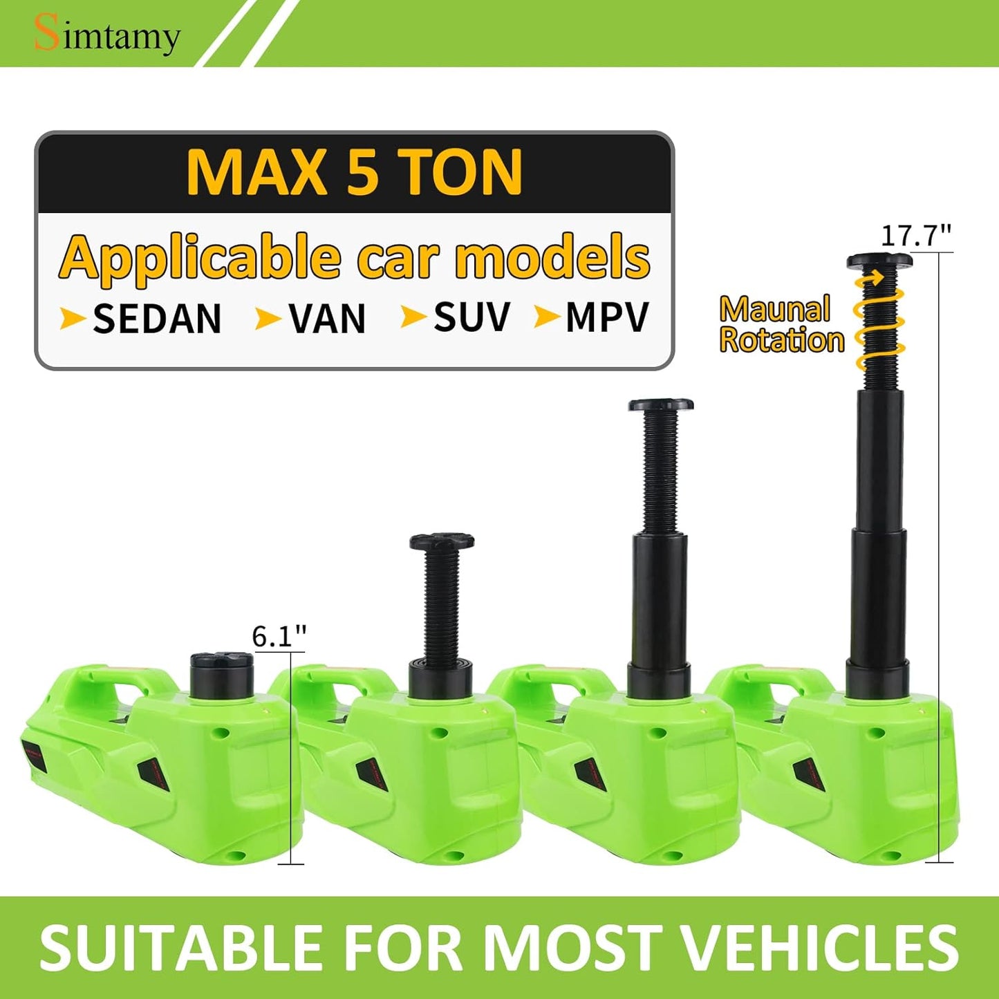 Electric Car Jack 5Ton 12V Hydraulic Car Jack Lift (Lifting Range: 6.1~17.7 inch) Built-in Safety Hammer, and LED Light for SUV MPV Sedan Truck Change Tires Garage Repair