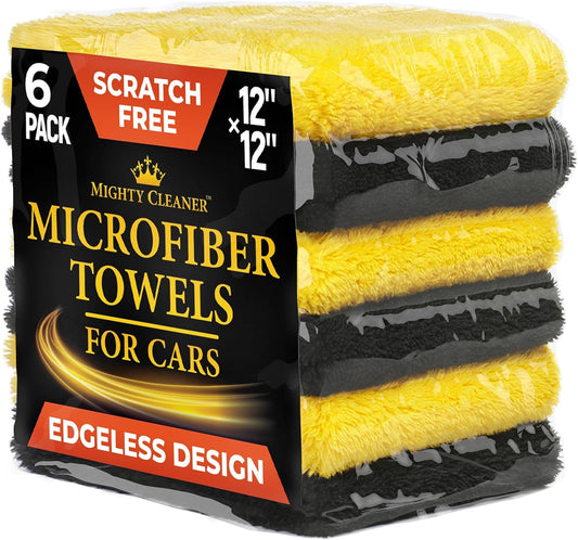 Edgeless Microfiber Towels for Cars – 6pk (12”x12”) - 540 GSM - Super Soft Detailing & Buffing – Scratch-Free & Absorbent Microfiber Cleaning Cloths for Car Polishing