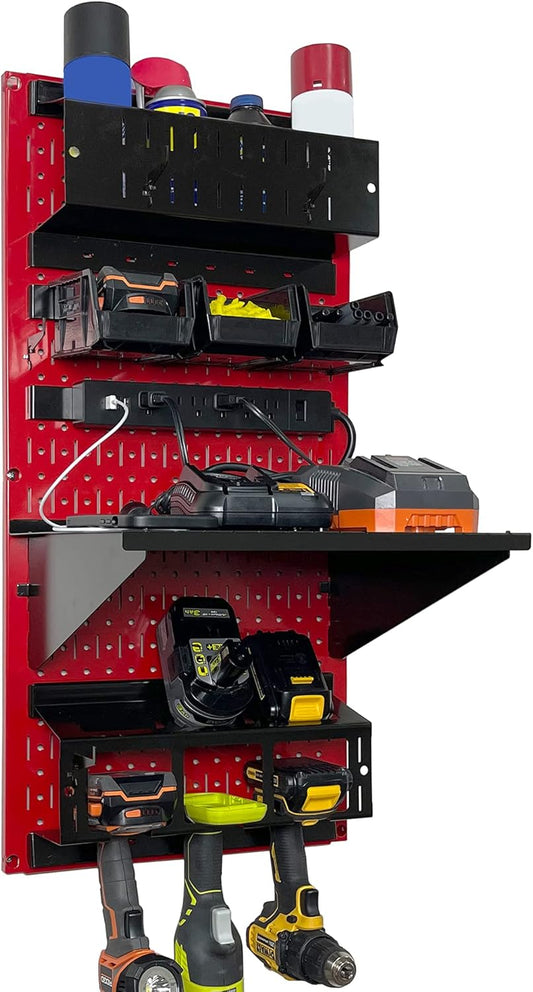 Wall Control Power Tool Storage Organizer Kit Cordless Drill Holder Charging Station Rack 16” x 32” Metal Pegboard Organization System (Red Pegboard)