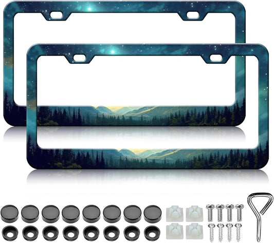 Starry Sky Mountain License Plate Frames - 2 Pack Green Mountain Forest Stainless Steel License Plate Holder,Rust-Proof Waterproof Car Decorative Tag Frame with Screws Fasteners Caps