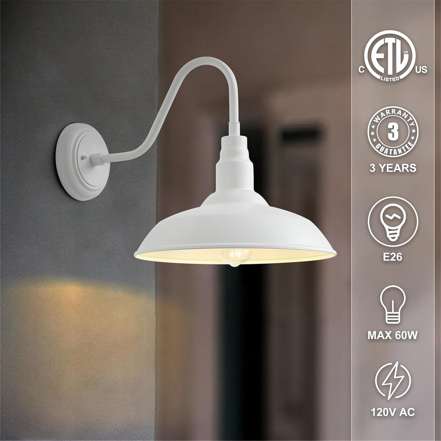 14 Inch Dome Outdoor Gooseneck Barn Light Fixture for Farmhouse, White Exterior Goose Neck Wall Mount Lights for Porch, Barn Style Wall Sconce Lighting for Patio, Garage