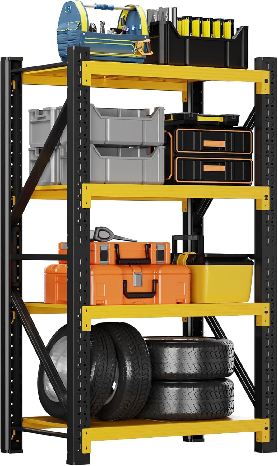 3000LBS Garage Shelving 32" W Garage Shelving Heavy Duty 4-Tier Metal Storage Shelves Adjustable Shelf Unit Storage Rack for Basement Supermarket Warehouse 32" W x 20" D x 78" H Yellow