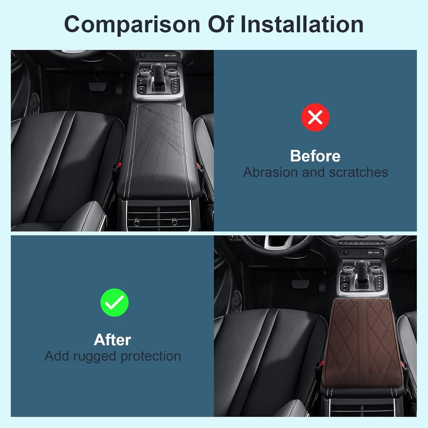 Memory Foam Car Armrest Cushion - Premium Leather Armrest Cover for Car, Comfortable Protection, Universal Fit Center Console Cover for Car, SUV, Sedan, Easy Installation (Brown)