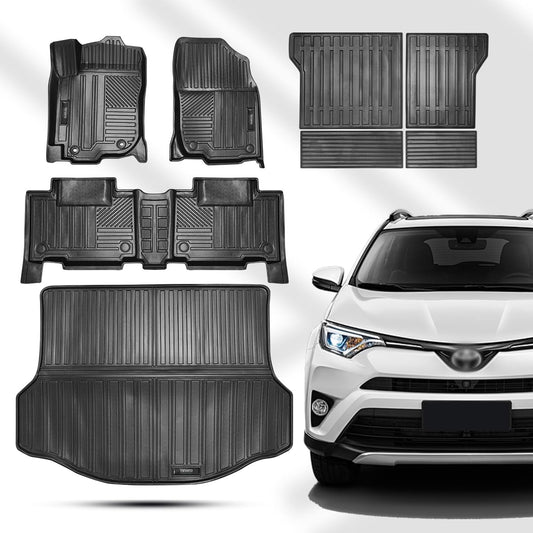 Vanseno Floor mats & CargoTrunk Liners and Backrest Mat Full Set Compatible for Toyota Rav4 2013 2014 2015 2016 2017 2018 All-Weather Rubber Mat Protector Black (13-18RAV4 Full Set)