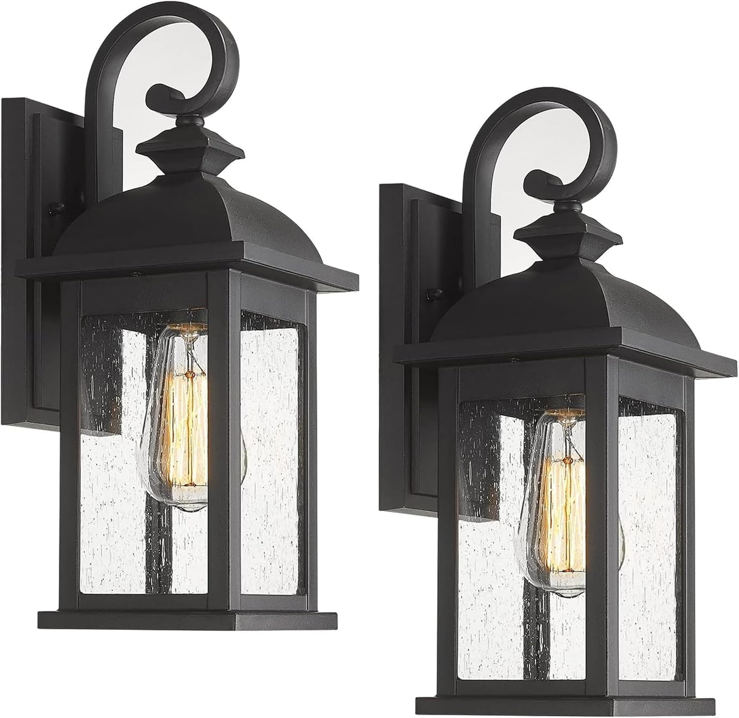 FEMILA Exterior Wall Sconce,2 Packs Outdoor Waterproof Wall Lights Fixture,E26 Socket Wall Lantern for Porch,Anti-Rust Matte Black Finish with Seeded Glass Lampshade,4FD54B-2PK BK