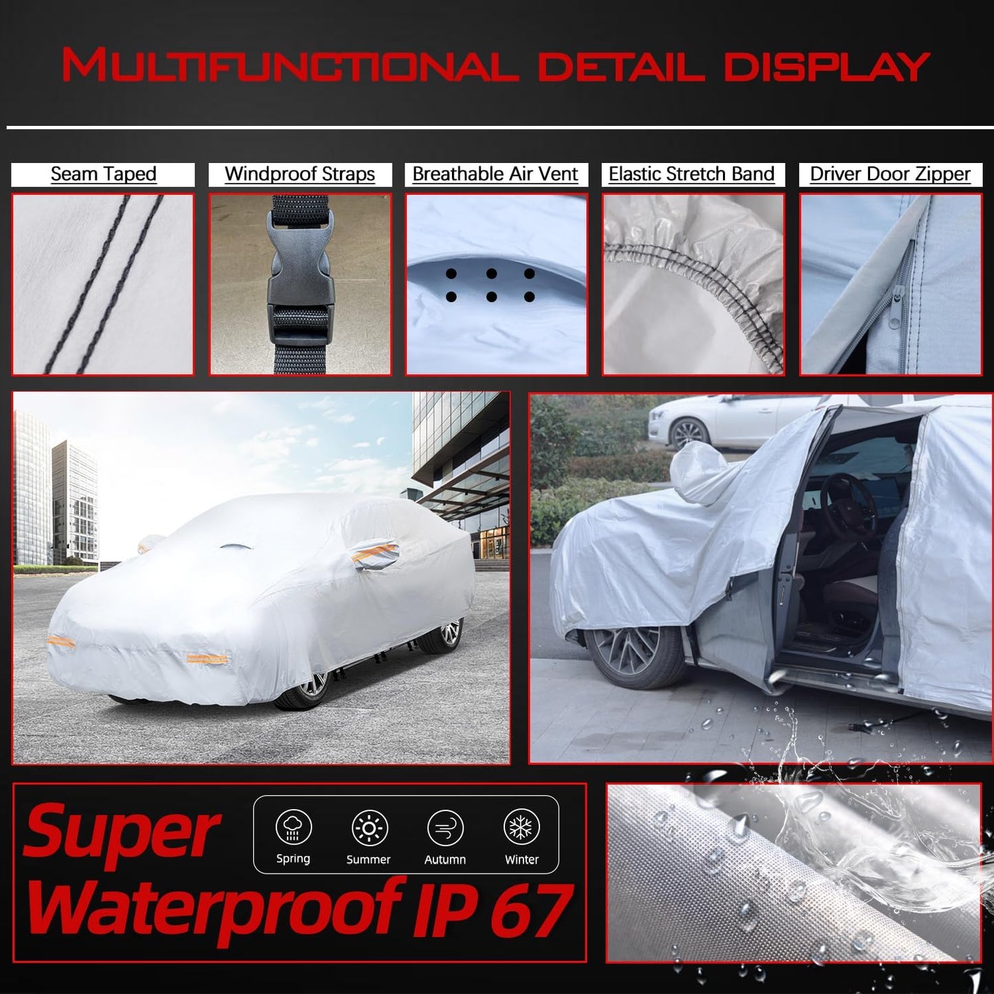 30 Layers Heavy Duty Car Cover for Automobiles All Weather Waterproof, Outdoor Snowproof UV Protection Windproof, Door Zipper, Soft Cotton Universal Car Covers (Silver, Fit Sedans191-200)