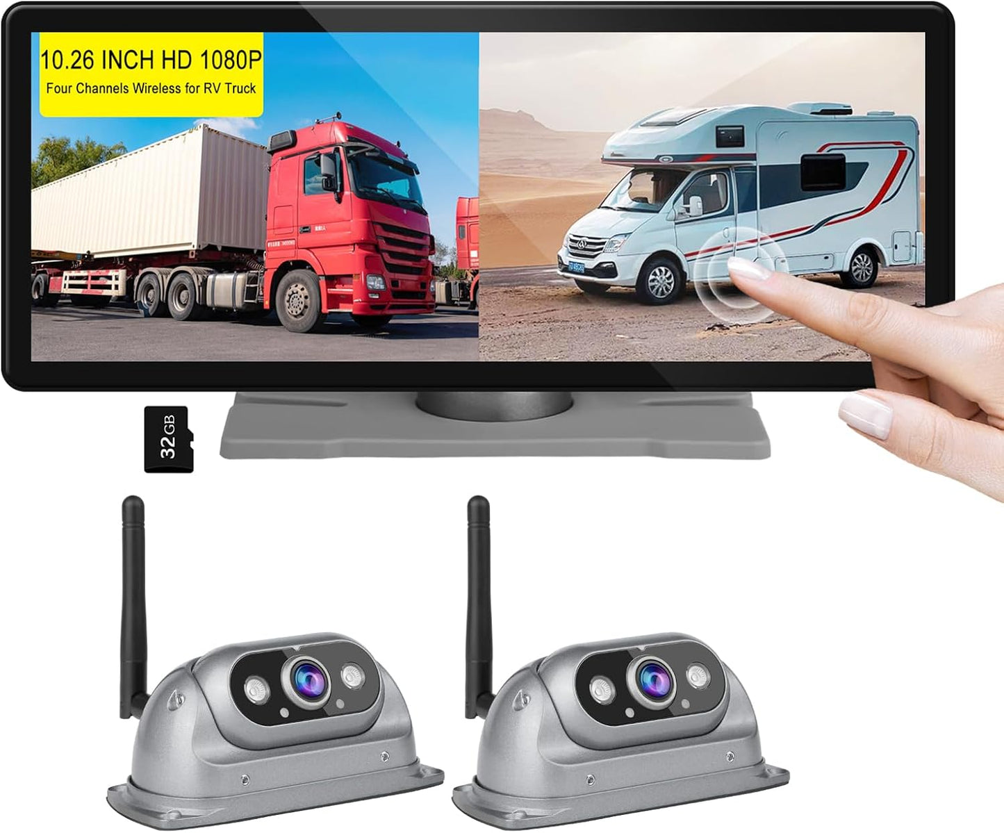 RV Wireless Backup Cameras with 10.26 inch Touch Monitor for Car Truck Trailer Bus Camper Motorhome, DVR Video Recording, Infrared Night Vision, Two Rear Side Wide View Back Up Camera Split Screen