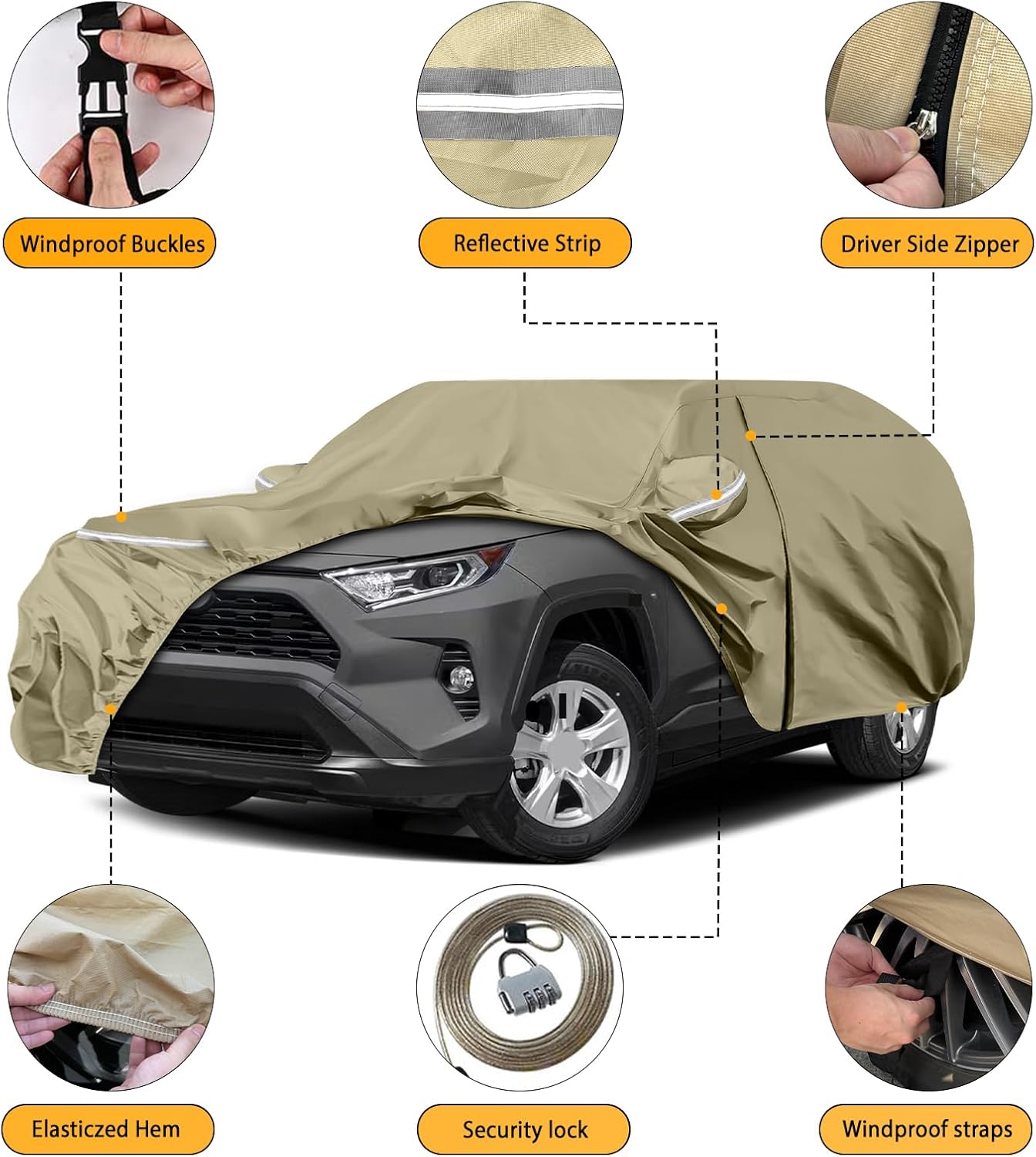 Waterproof Car Covers Replace for 2013-2025 Toyota RAV4, Multilayer Heavy Duty with Cotton Liner All Weather Car Cover with Zipper Door, Windproof Bands for Snow Rain Dust Protection