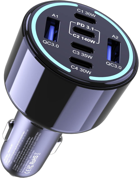 CHIPOFY 300W USB C Car Charger, 6 Ports (4 USB C + 2 USB A) - PD3.1 140W PPS 45W QC 60W Super Fast Charging Car Adapter for MacBook Laptop, iPhone 16 15 Pro Max, iPad, Galaxy S25/S24 Ultra etc