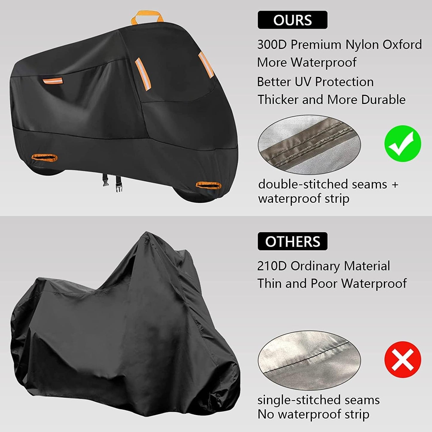 Motorcycle Cover Waterproof Outdoor for Touring Cruiser, Fits up to 108" Honda VTX 1300 Shadow Goldwing Street Glide Road King Sportster Kawasaki Vulcan Yamaha Royal Star (4XL: 108"x 37"x 55")