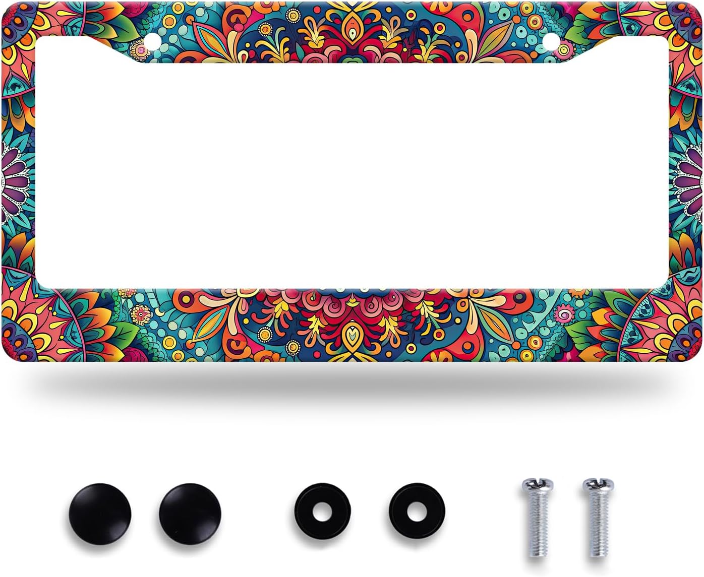 Boho License Plate Frame Beautiful Mandala Flowers License Plate Stainless Steel Funny License Plate Holder Hippie Car Accessories Decoration with 2 Screws Fits Standard Vehicles Size 12.3" x 6.3"