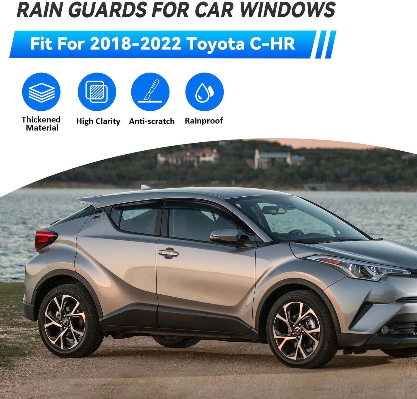 4pcs Front+Rear Smoke Tint Sun/Rain Guard Compatible with 2018 2019 2020 2021 2022 Toyota C-HR CHR Outside Mount Tape-On Vent Window Visors