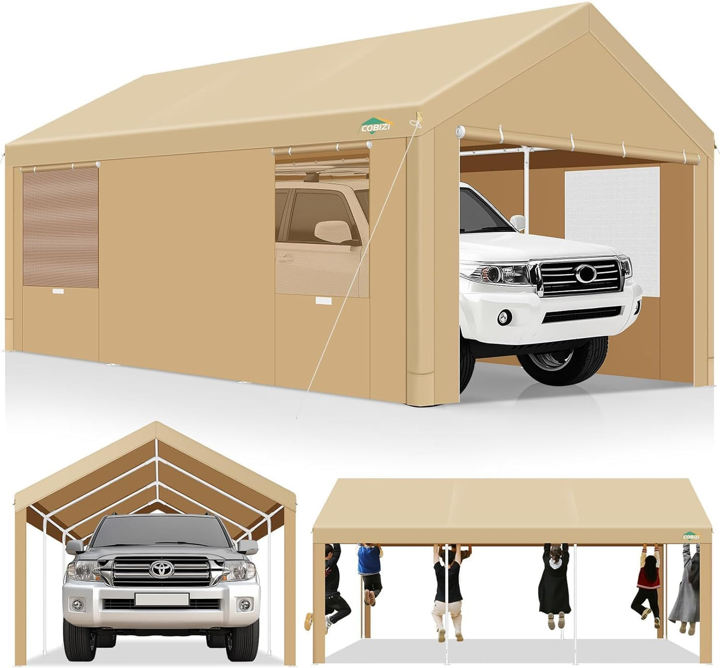 COBIZI Carport 10x20ft Heavy Duty Portable Garage, 2.0 Powder Coated Frame(Better Than Galvanized), Waterproof Shelter with Removable Sidewalls & Windows, Built-in Sandbags, for Car/Boat/SUV, Khaki
