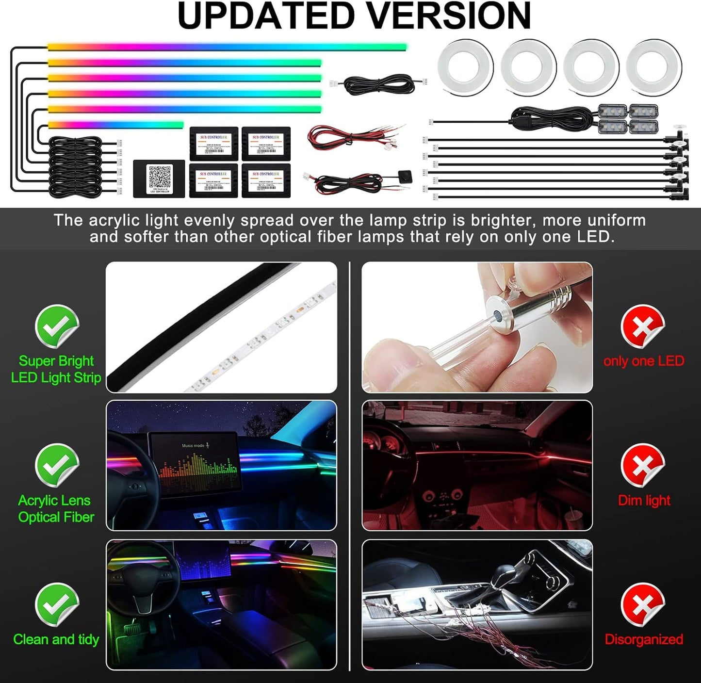 Dreamcolor Acrylic Interior Car LED Strip Light with Wireless APP, RGB 22 in 1 with 175 inches 593 LEDs Fiber Optic Ambient Lighting Kits, 16 Million Colors Sound Active Function Car Neon Lights