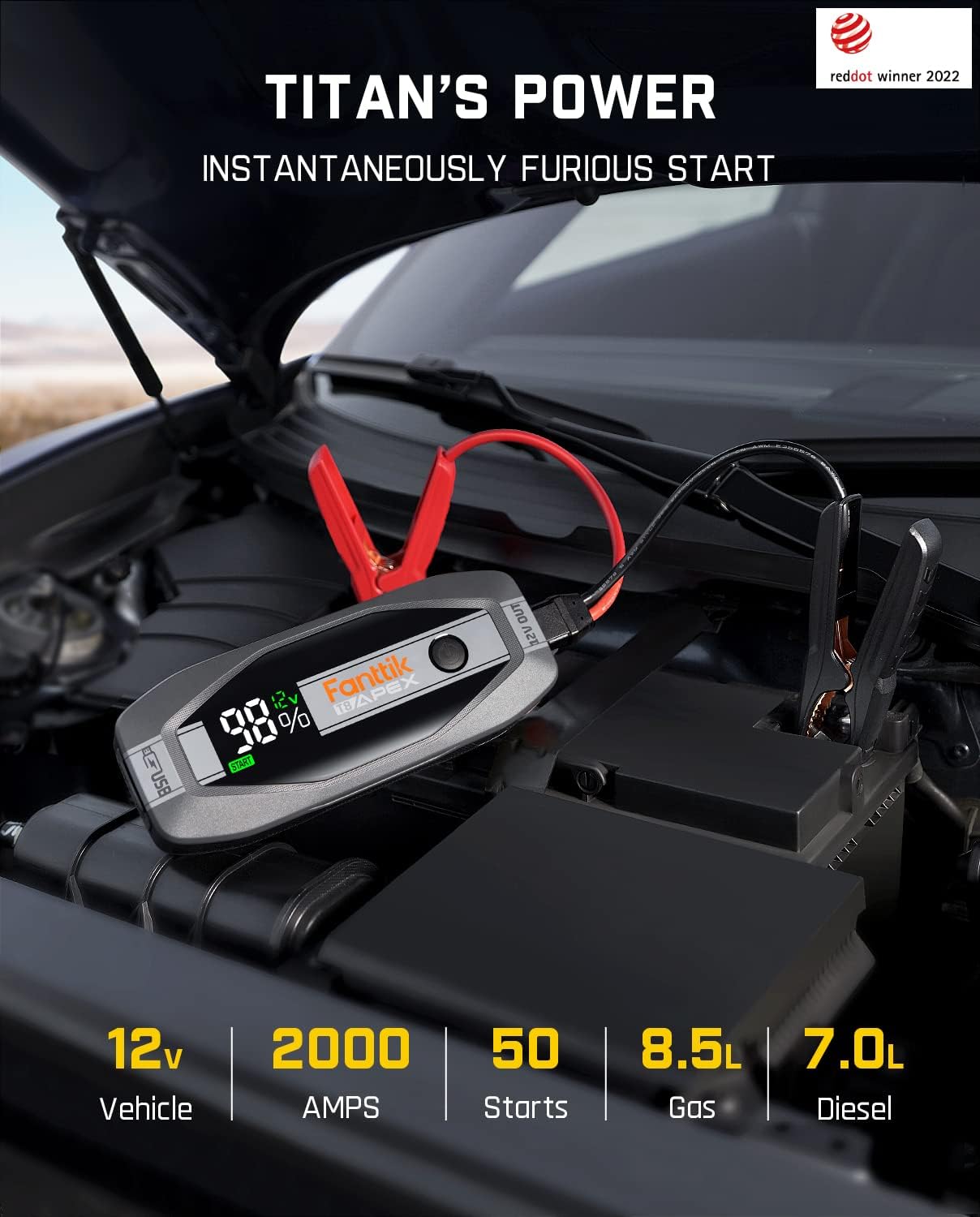 Fanttik T8 APEX 2000 Amp Jump Starter, 20000mAh Car Battery Pack for Up to 8.5L Gasoline and 6L Diesel Engines with LED Display, 65W PD Fast Charger,12V Extreme Safe Lithium Portable Jump Starter