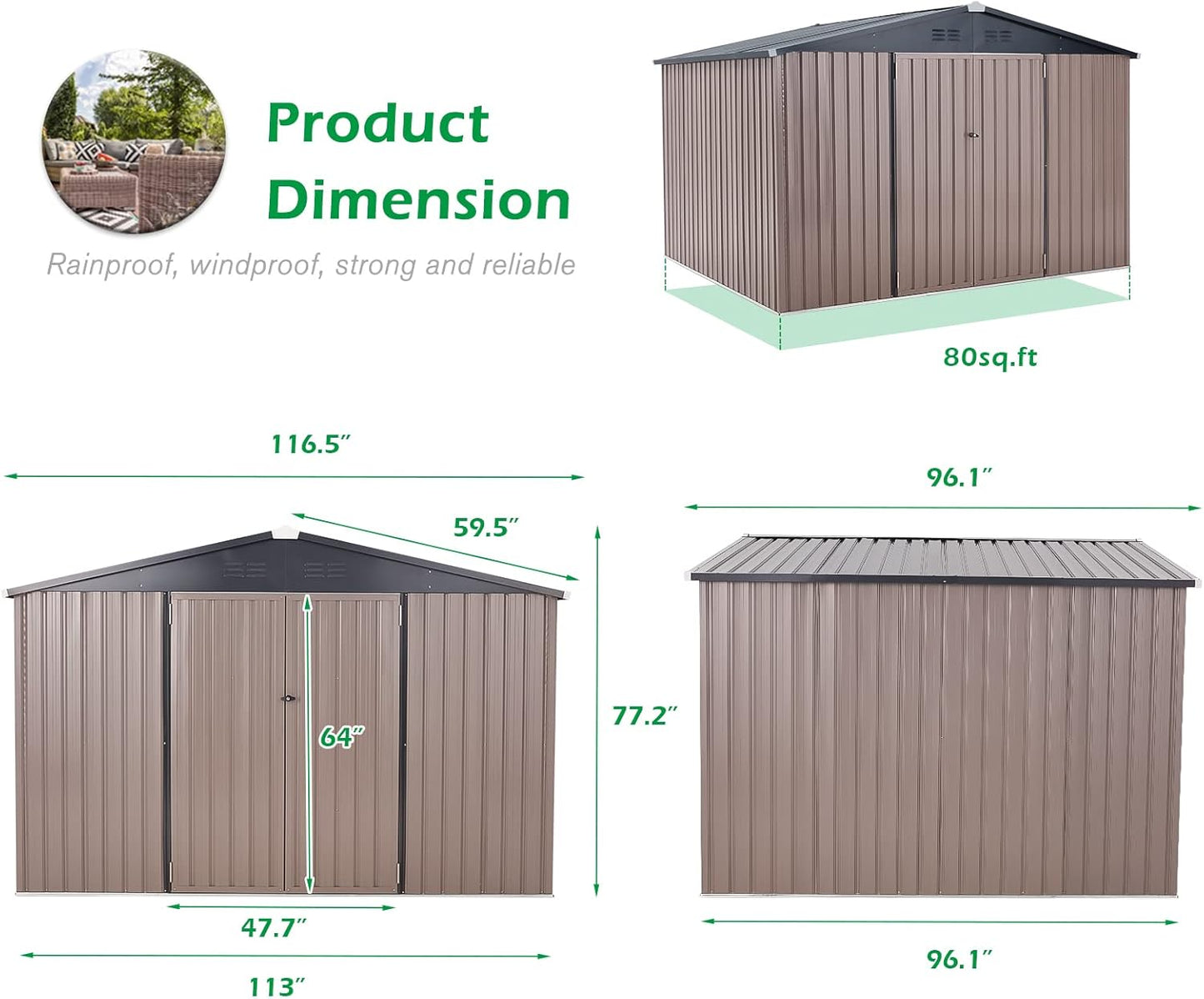 AECOJOY Shed 8' x 10' Outdoor Storage Metal Shed, Steel Yard Shed with Design of Lockable Doors, Utility and Tool Storage for Garden, Backyard, Patio, Outside use