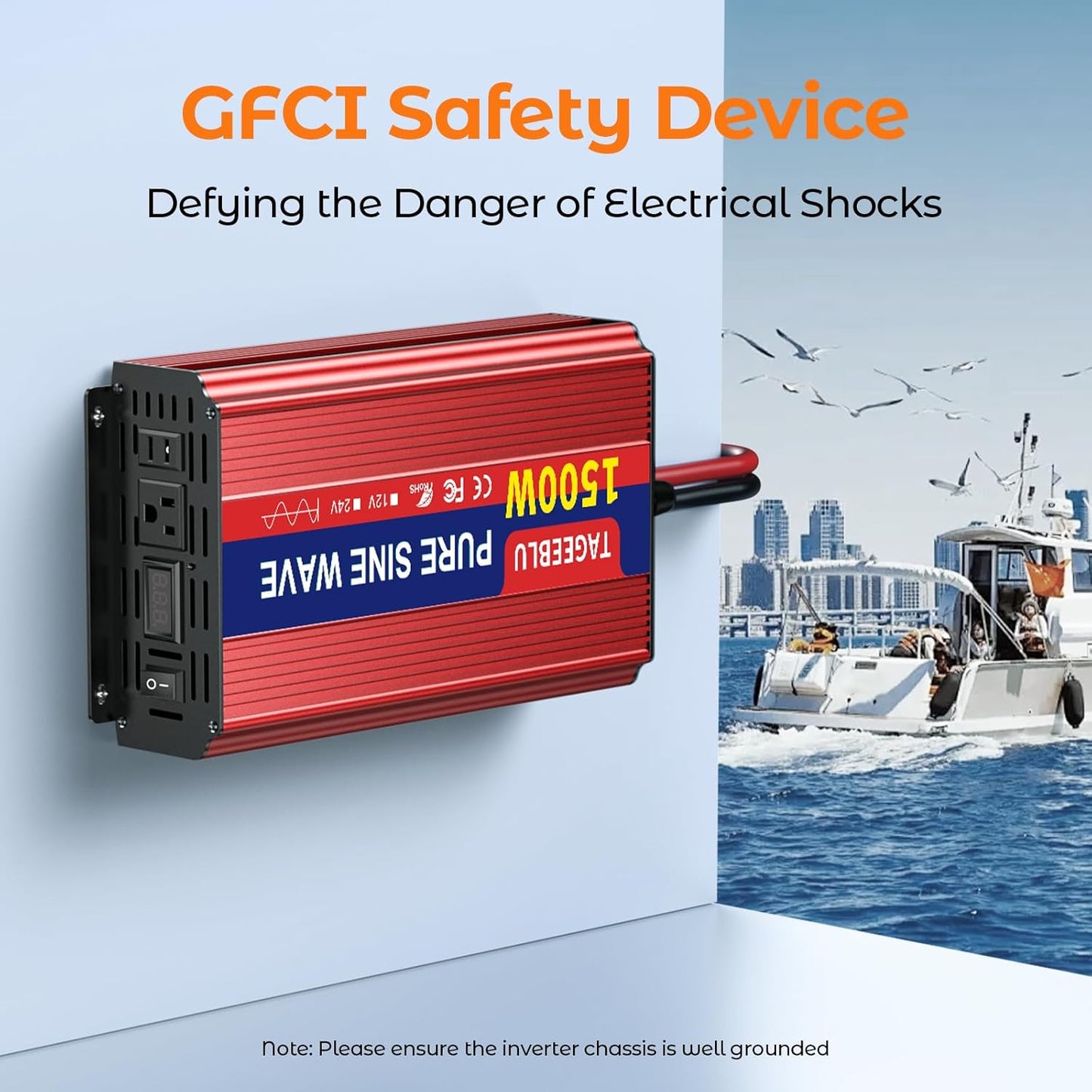 1500W Pure Sine Wave Inverter, 12V DC to 110V/120V AC Power Inverter for RV、Off Grid、Truck、with 2 AC outlets and LCD Display