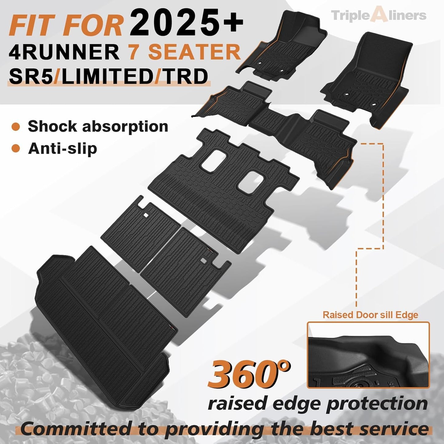 TripleAliners Floor Mats & Trunk Mat & Rear Seatback Cover All Weather TPE Liners Fit for Toyota 2025 4Runner Accessories Custom Fit 6th Generation 4Runner TPE Heavy-Duty Liners(Only for 7 Seats)