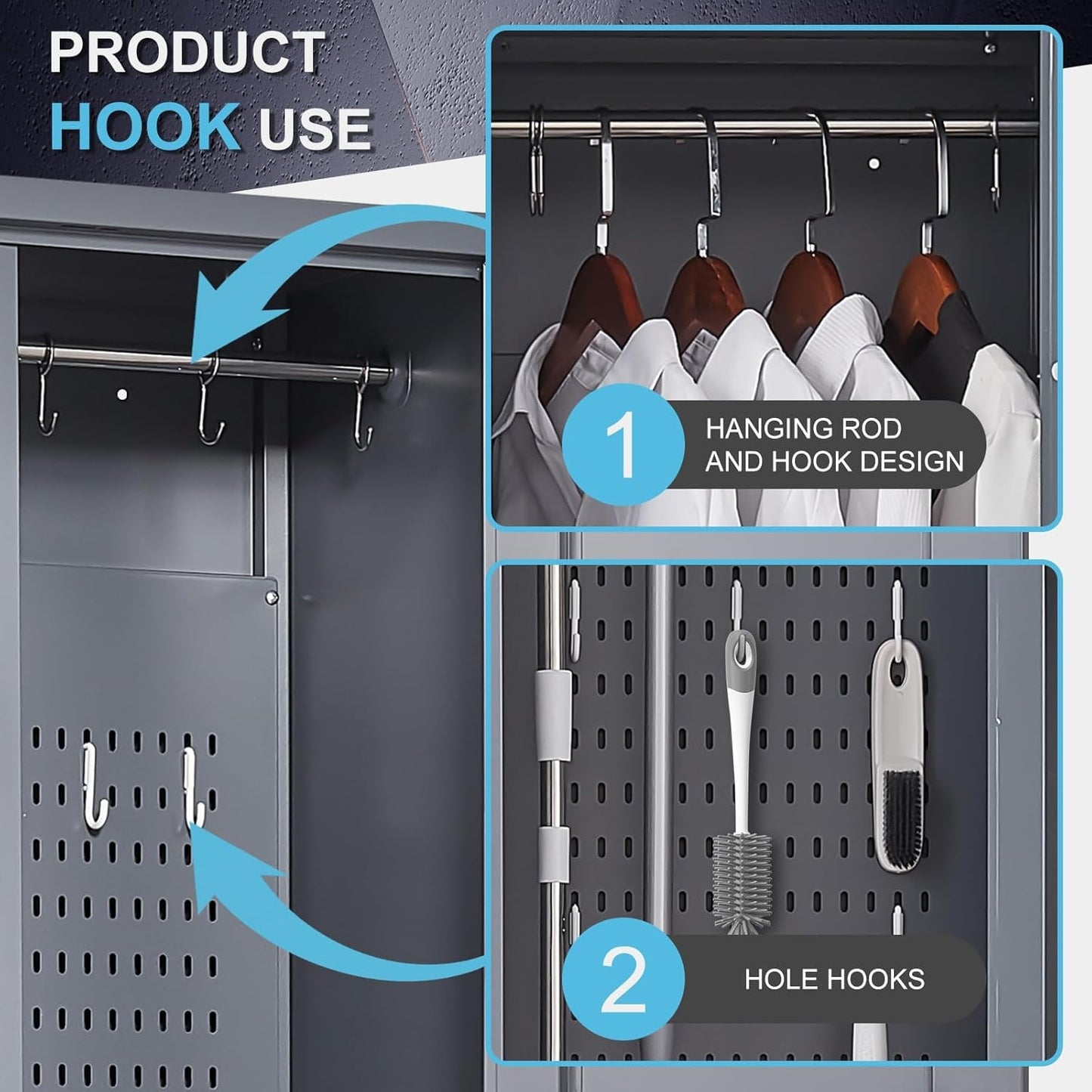 GREATMEET 65" Broom Storage Cabinet, Metal Utility Closet for Brooms and Mops, Cleaning Supply Cabinet with Pegboard, Multifunctional Metal Garage Mop Storage Closet, Grey