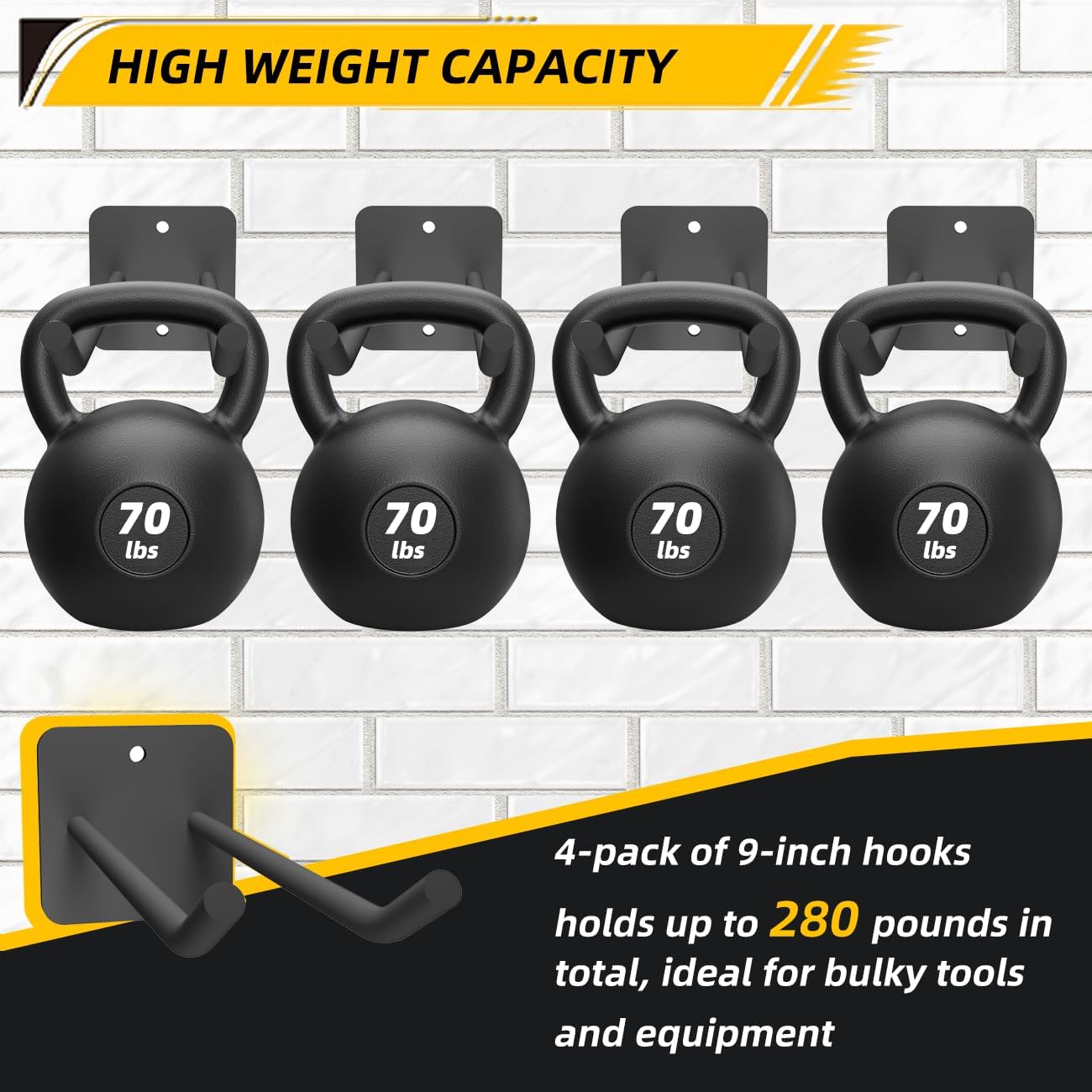 Garage Storage Hooks Heavy Duty Steel Tool Organizer Wall Mount Hangers Hooks Racks for Ropes Hoses and Garden Yard Tools Organization Holder Bulk Items Hanging Tool 9 Inch 4 Pack Holds 280 Pounds