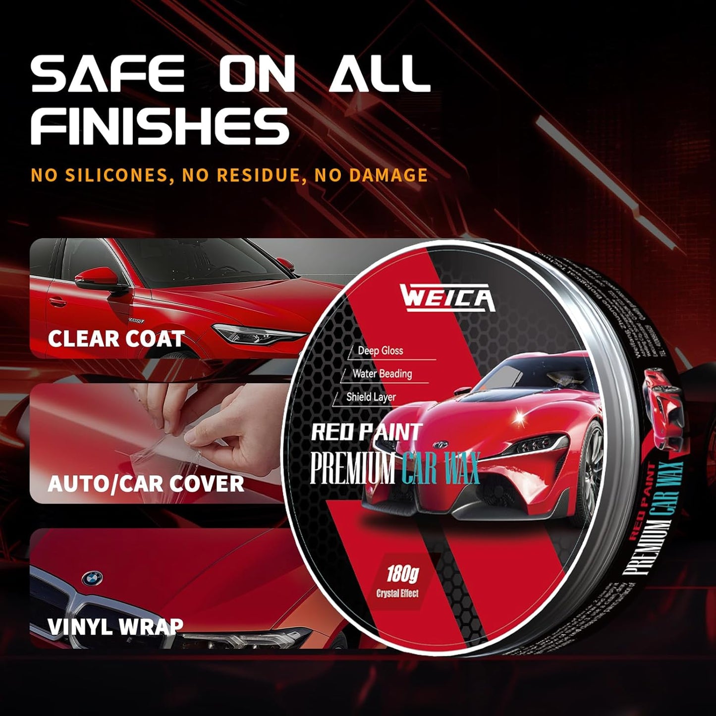 Car Wax for Red, Orange & Warm Color Paints | Sun Fade Defender & Metallic Pop | 180g Paste