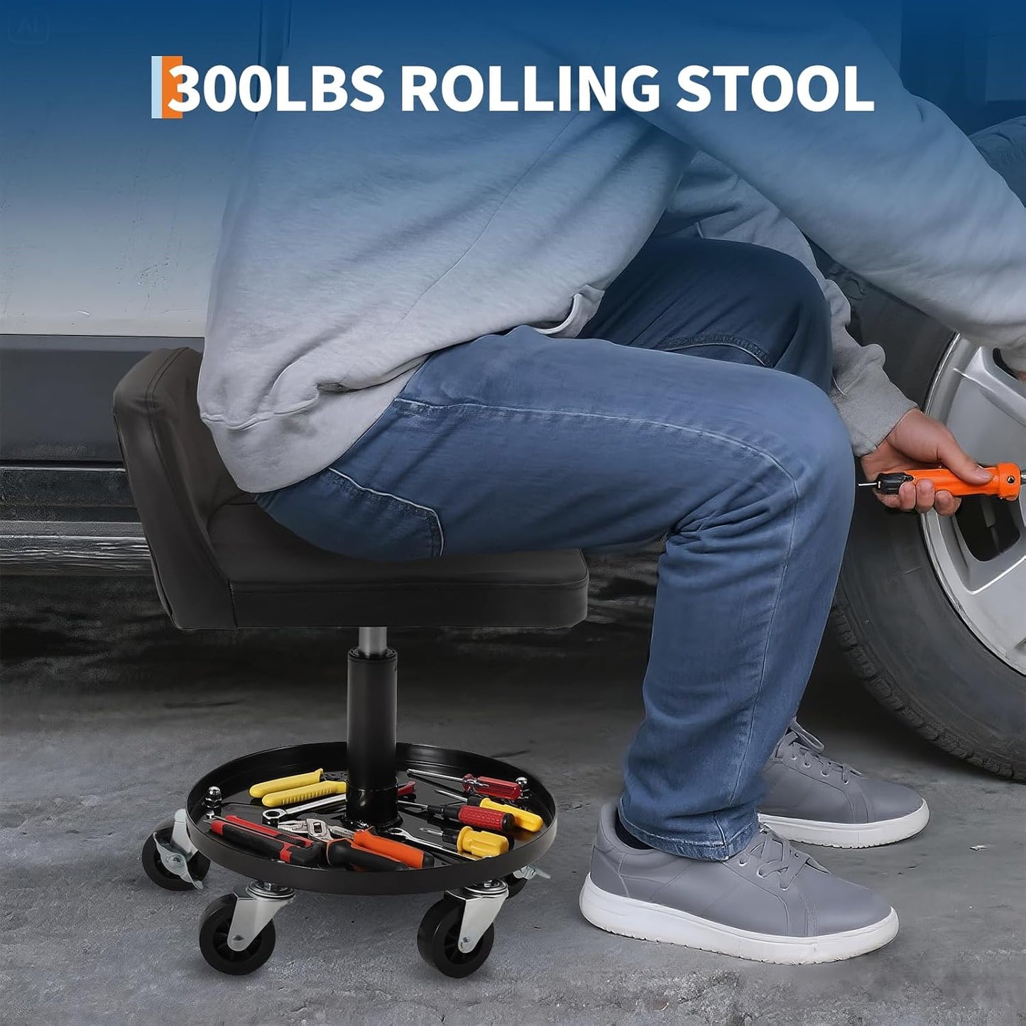 Garage Stool, 16”-21” Adjustable Rolling Mechanic Stool with Universal Wheels, Removable Magnetic Tool Tray, 300LBS Capacity, Roller Creeper Seat, Shop Chair