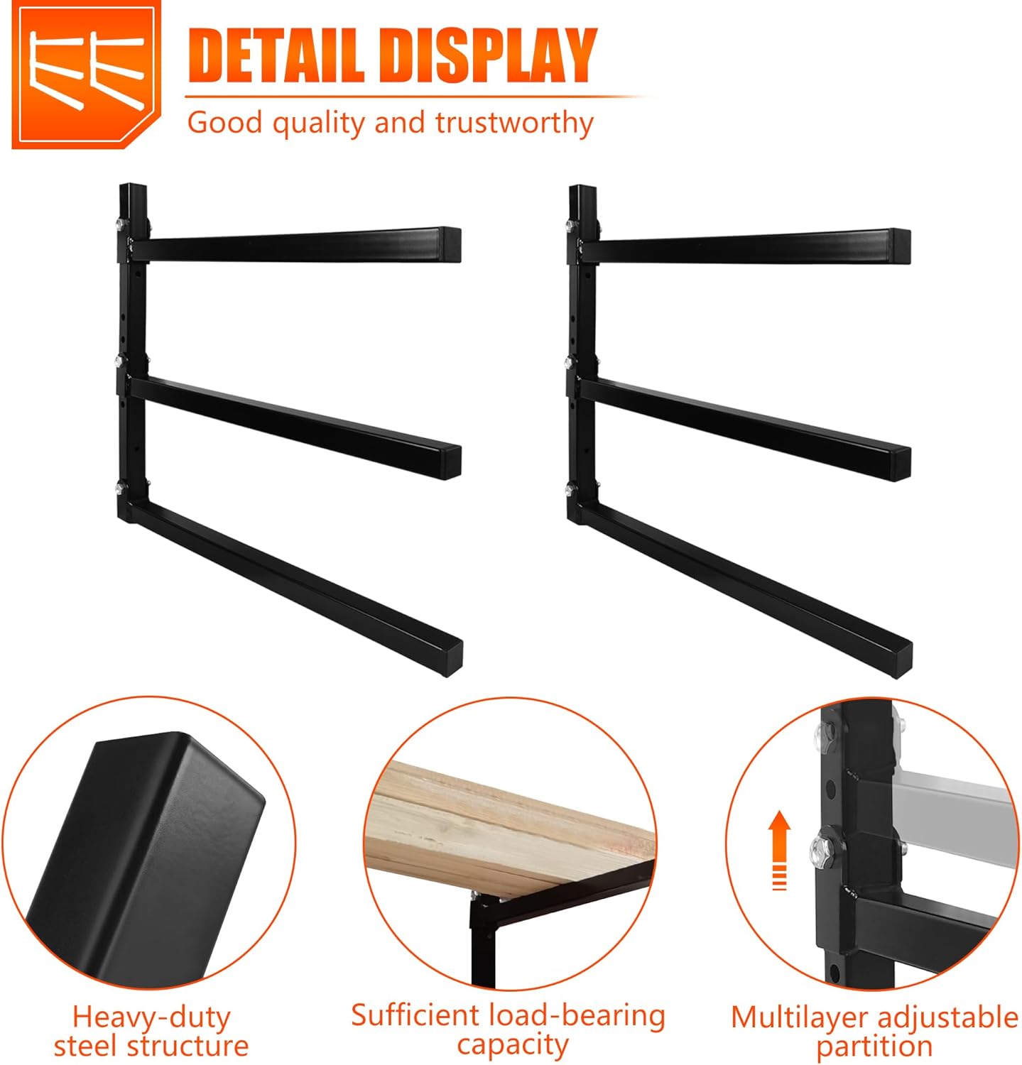 3-Tiered Collapsible Wall Mount Lumber Storage Metal Rack, 3-Level Foldable Heavy Duty Indoor Garage Wood organizer, Outdoor Adjustable Steel Multipurpose Workshop Shelf, Holds up to 330Lbs