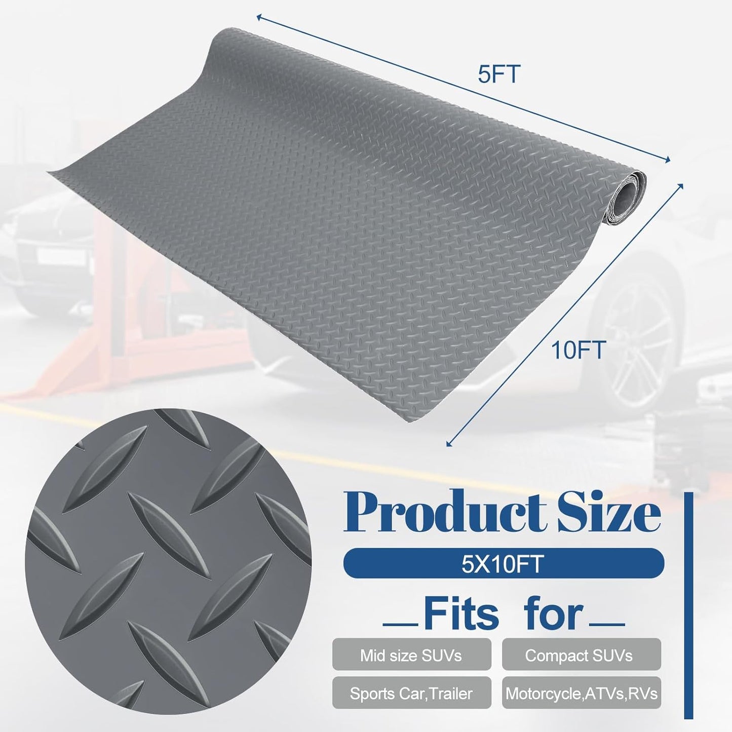 5 x 10 FT Garage Floor Mats - Slip Resistant Grip, Water & Stain Resistant PVC Mat for SUVs, RV Trailer,Truck,Pickup.2.8mm Thickened Diamond Plate Flooring Roll for Under Car,Parking Mats