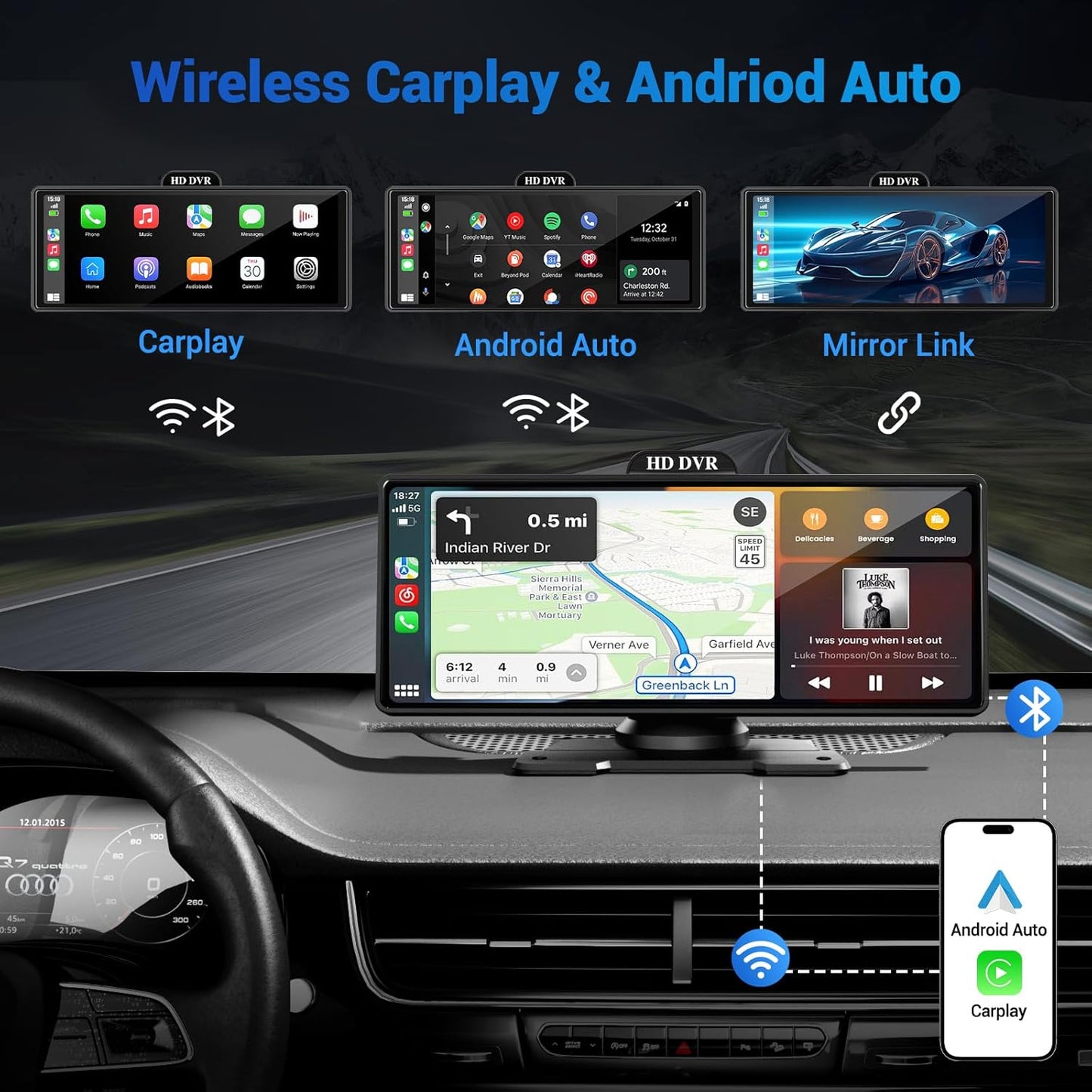 Wireless Apple Carplay Screen for Car 4K Dash Cam, 10.26" HD Touchscreen with Portable Apple Carplay & Android Auto Car Stereo, 1080p Backup Camera
