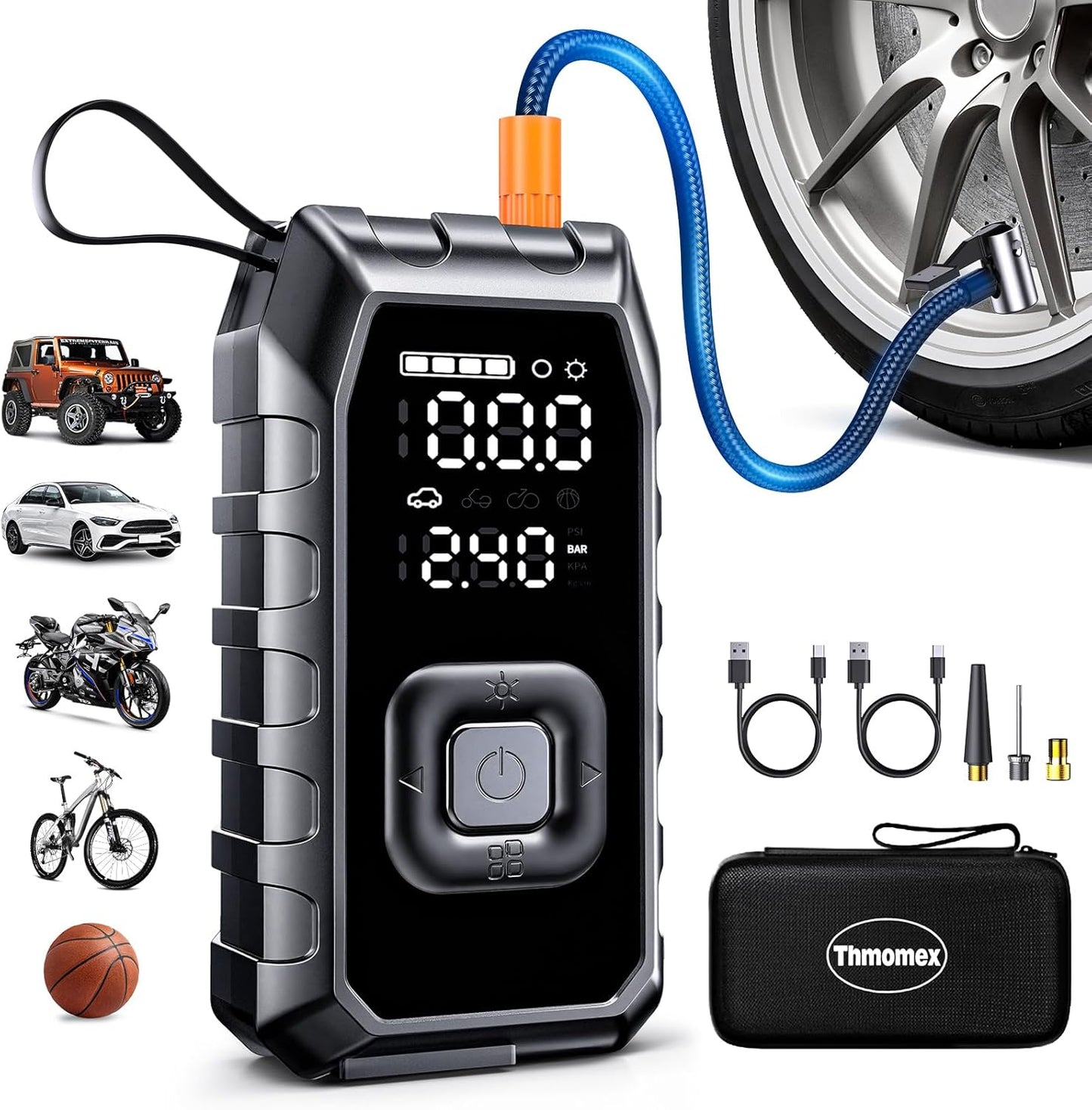 Tire Inflator Portable Air Compressor,65W Fast Charge 180PSI Cordless Electric Air Pump with Digital Pressure Gauge,Jump Starter Auto-Off for Car Bicycle Ball Inflatable,Battery Booster with Light