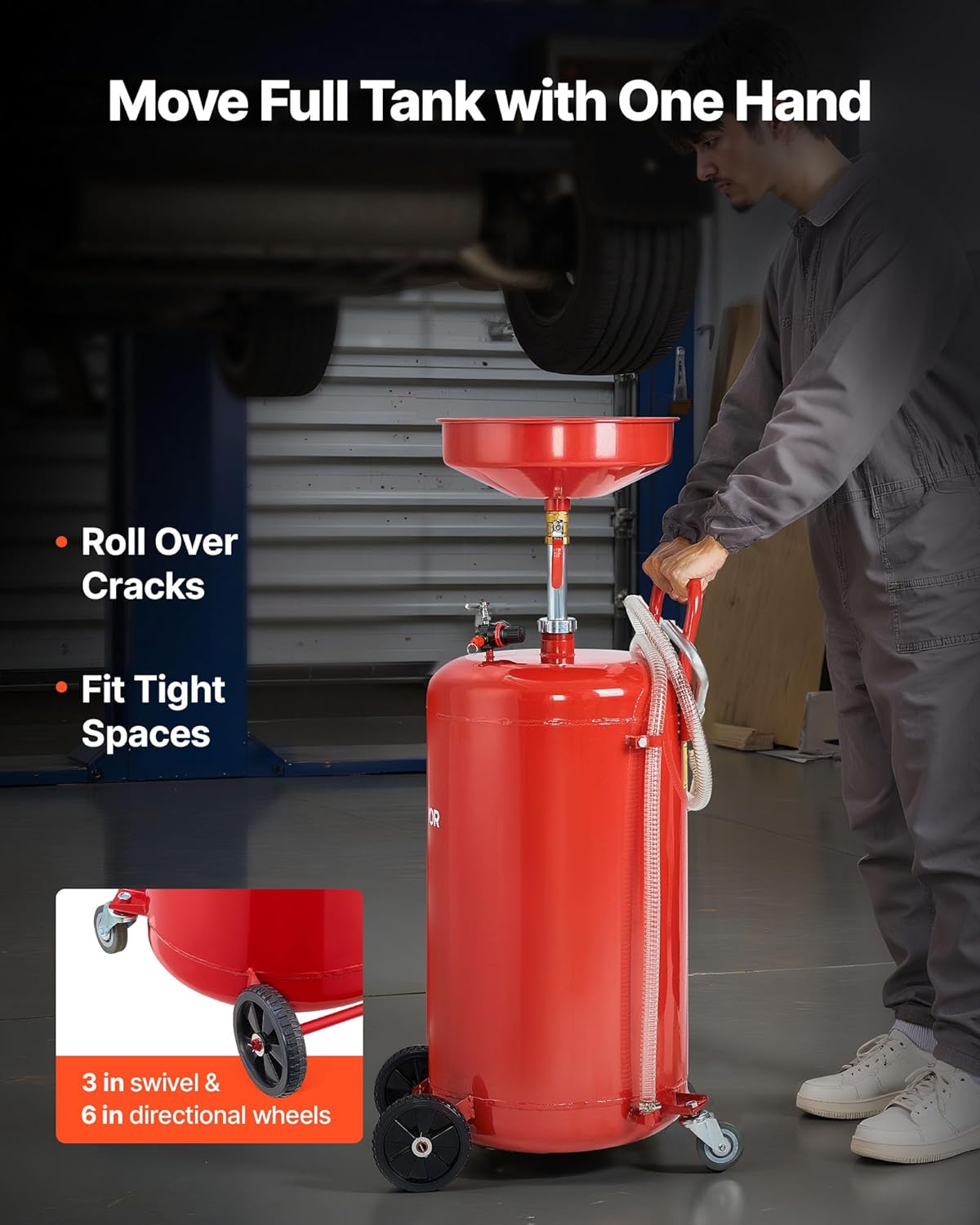 VEVOR 25 Gallon Waste Oil Drain Tank, Air Operated Portable Oil Drainer with Adjustable Funnel Height, Industrial Fluid Drain Tank with Wheels, Fluid Fuel Transfer Drainage for Auto Repair Shops, Red