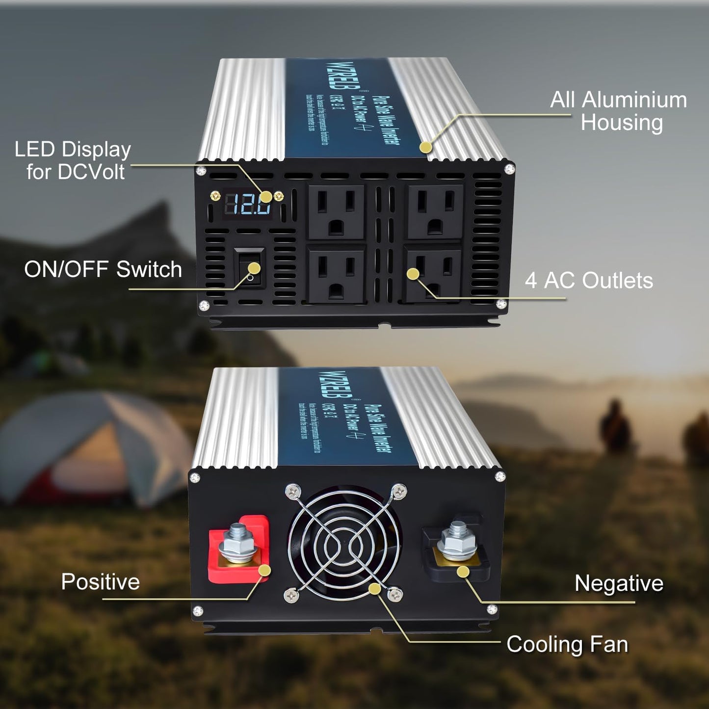 WZRELB 1800W Pure Sine Wave Inverter 12V DC to 110V 120V AC,Car Power Inverter with 4 AC Outlets, LED Display,Off-Grid Portable Power Converter for Home, RV, Truck, Camping