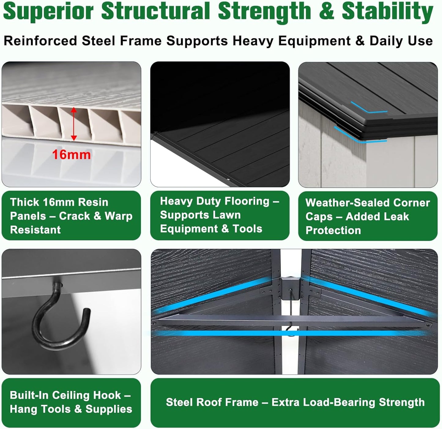 EAGLE PEAK 8x6 Resin Outdoor Storage Shed, Weatherproof Garden Shed with Floor & Lockable Doors, Tool & Equipment Storage for Backyard or Patio, White/Gray