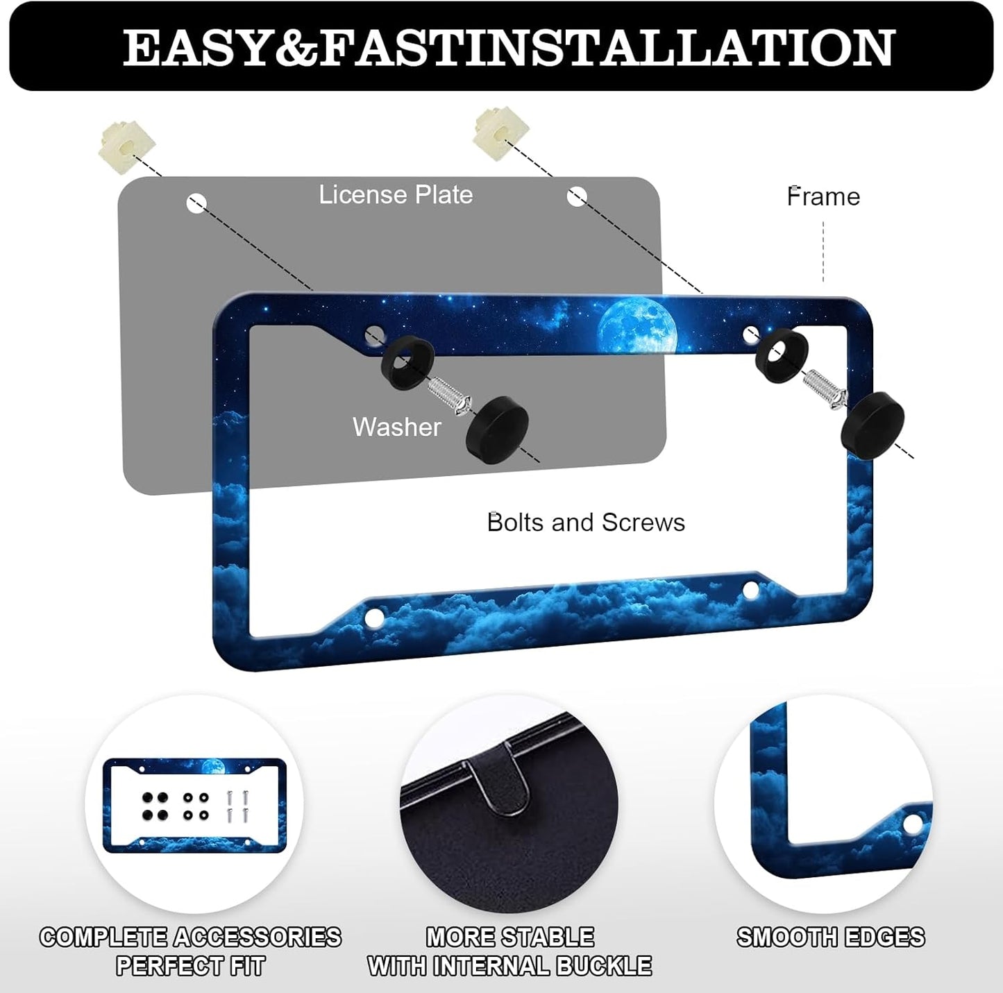 Moon Galaxy Starry Sky License Plate Frames - 2 Pack Night Sky License Plate Holder,Stainless Steel Rust-Proof Waterproof Car Decorative Tag Frame with Screws Fasteners Caps