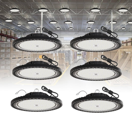 6 Pack UFO LED High Bay Light 150W, 21000 LM, 5000K with 5ft Power Cord, US Plug, Bright LED Shop Light for Basement Commercial Factory Garage Lighting, IP66 Waterproof, AC110-277V, ETL Listded