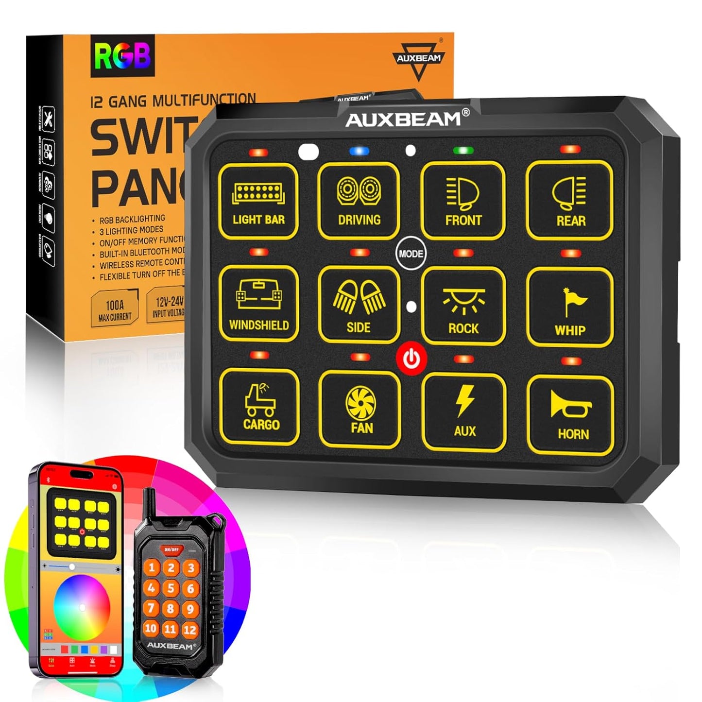 Auxbeam 12 Gang Switch Panel Bluetooth RGB AC-1200 with APP&Remote Control Toggle Momentary Pulsed Switch Pod Off Backlight for Truck Offroad UTV ATV Car Marine 12-24V Waterproof 2 Years Warranty